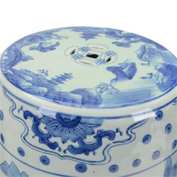 Pair of Chinese blue and white garden stools, decorated with pagodas a landscape, H40cm 