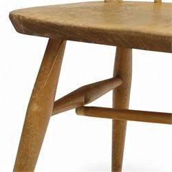 Ercol - Windsor dining chairs, set of four, each with rounded hoop back and four stick spindles, shaped elm seats with exposed plugs, raised on splayed beech tapering legs