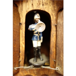  Late 19th century Black Forest cuckoo mantel clock, three note with shelf trumpeter, made by Hettich and Son Furtwangen, movement stamped 'G.H.S F', H50cm  