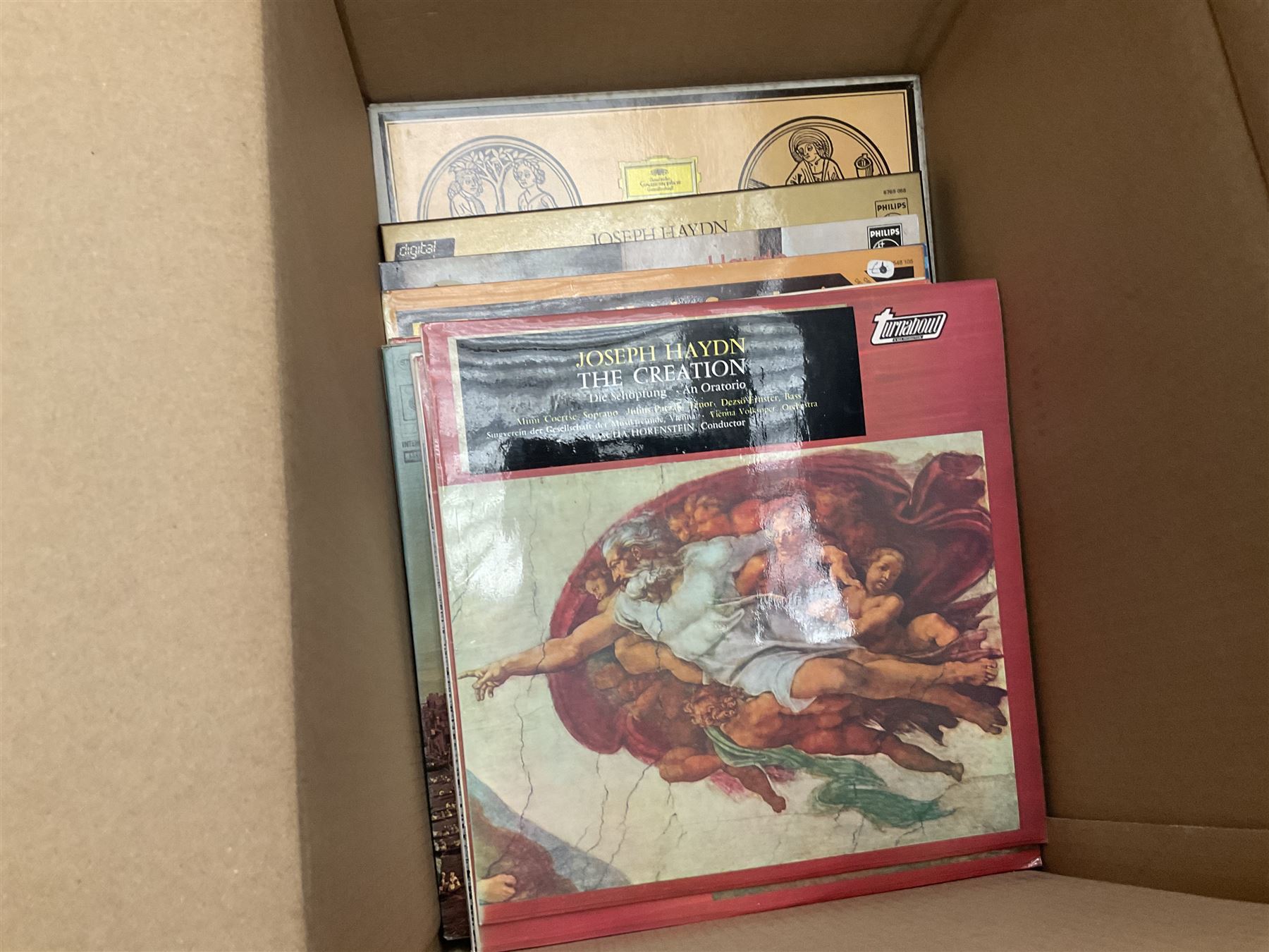 Collection of vinyl LP records in six boxes, mainly Jazz and Classical, including Beethoven The Nine Symphonies, Bartok, Chopin Recital, Joseph Haydn, etc