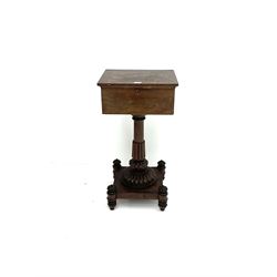 William IV inlaid mahogany teapoy, single hinged lid enclosing fitted interior, turned tapering support on square base with carved finial supports