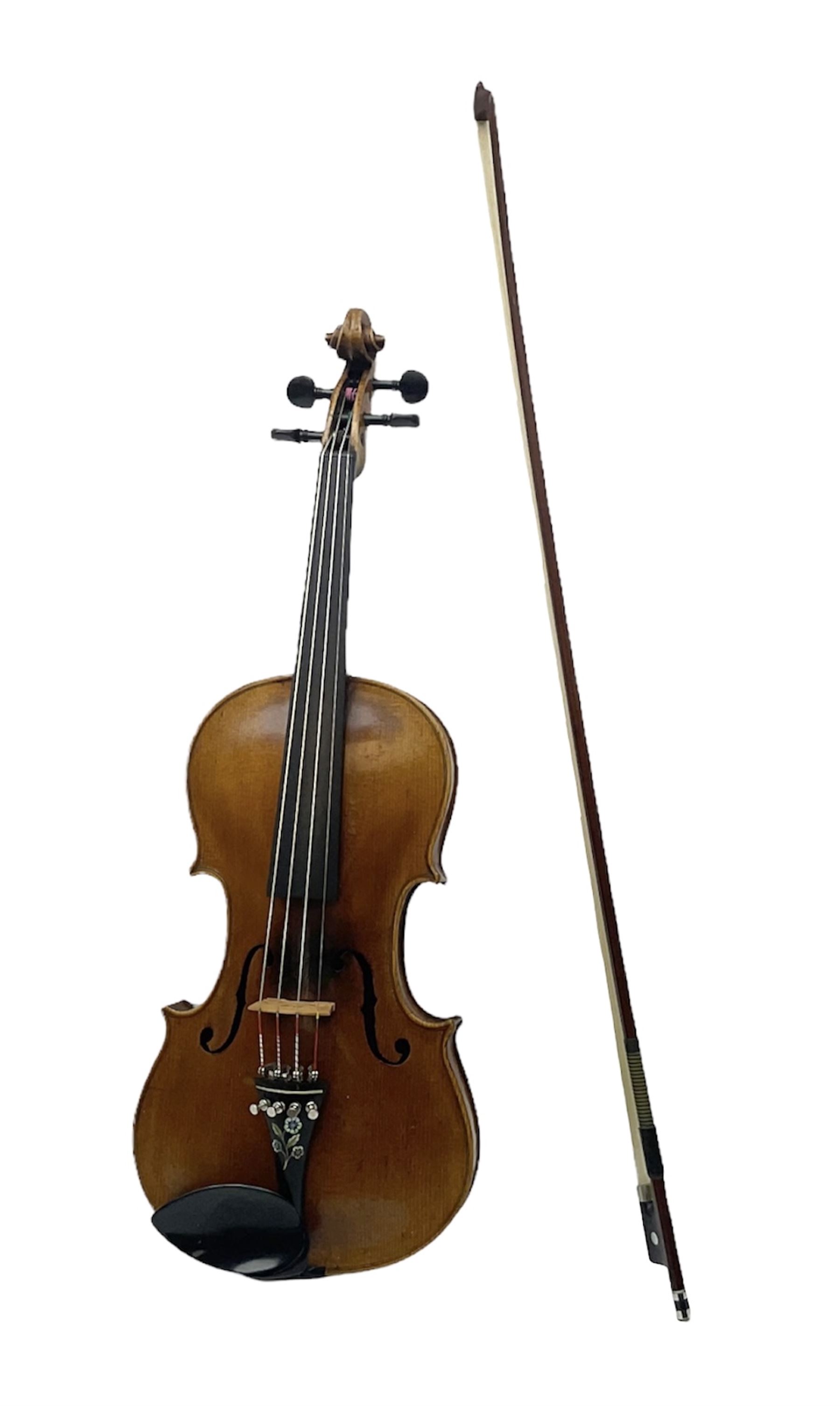 German Saxony violin c1900 with 35.5cm two-piece medium grain maple back and ribs and medium grain spruce top; bears label 'Jacobus Stainer in Absam prope Oenipontum 17xx Made in Germany', 59.5cm overall; with modern bow (2)