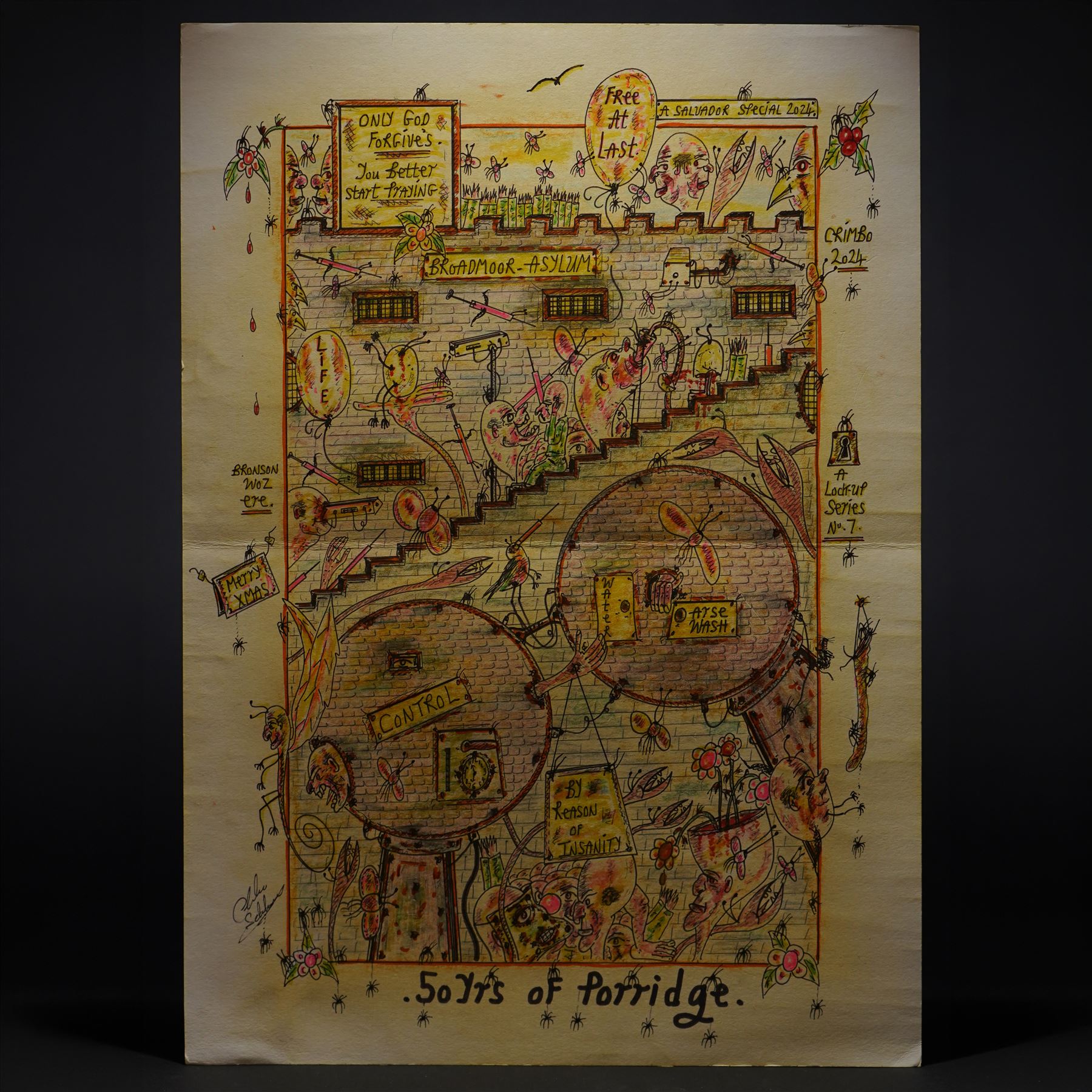 Charles Bronson (Charles Arthur Salvador) (British 1952-): A comprehensive collection of five hundred mixed media works executed between 2000 and 2025. Produced during the artist’s long-term incarceration, the works are primarily in ink, coloured pencil and mixed media on paper. The collection includes multiple formats: A5 (15 works), A4 (308 works), A3 (164 works) and A2 (13 works). Some are signed and dated; a number are executed on the reverse of official prison documents and other repurposed materials, reflecting the limited availability of art materials within the prison environment. This collection represents the largest body of the artist’s work to be offered as a single lot and has not previously been available on the market. (500) (unframed)

Notes: Dated examples span the period from 2000 to 2025, with the greatest concentration produced between 2012 and 2019 and including a group of recent large-scale works from the final years of the period; approximately twenty percent are undated.