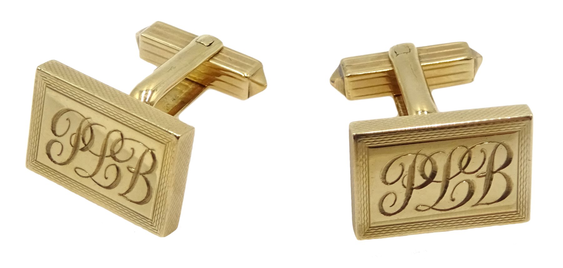 Pair of 9ct gold cufflinks, engine turned decoration and engraved with