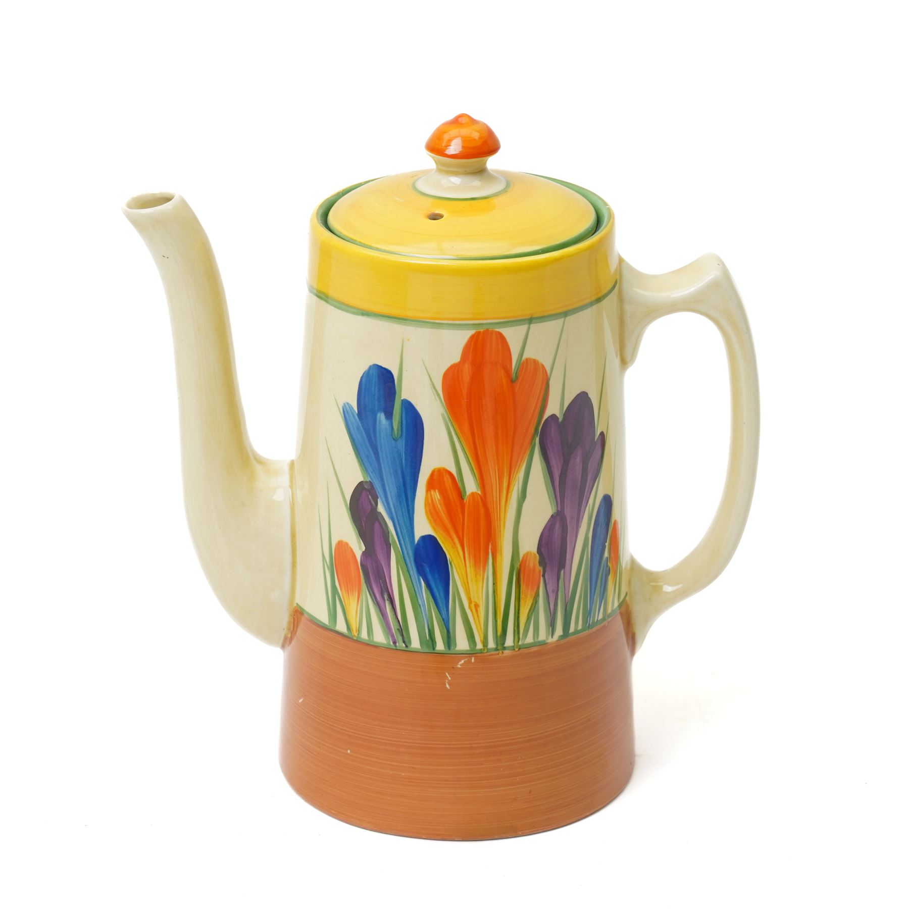 Clarice Cliff Autumn Crocus pattern part coffee service for six, comprising coffee pot and cover, six coffee cups and four saucers, and a milk jug, with Bizarre and printed marks to base, coffee pot H19cm