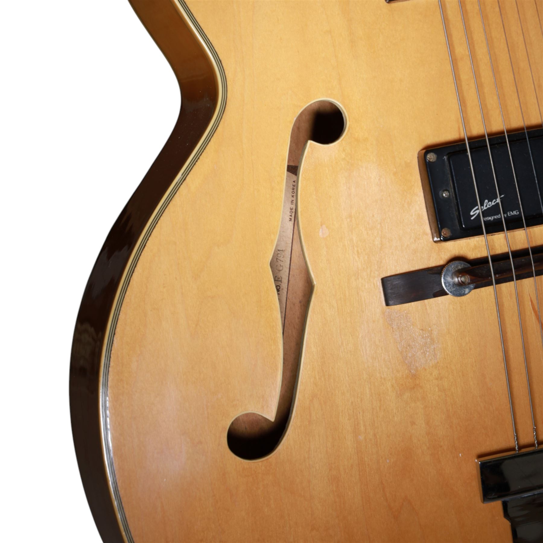 1980s Korean Antoria Jazzstar hollow body electric guitar, in blonde finish with inlaid fretboard, model no E G794, L109cm