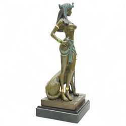 Bronze of Cleopatra with a panther on a leash, foundry mark on square marble base H25cm 
