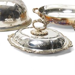 Pair of silver plated oval entree dishes and covers with bead edge and shell moulded borders and engraved covers and matching chafing dish by Martin Hall & Co and a plated meat cover