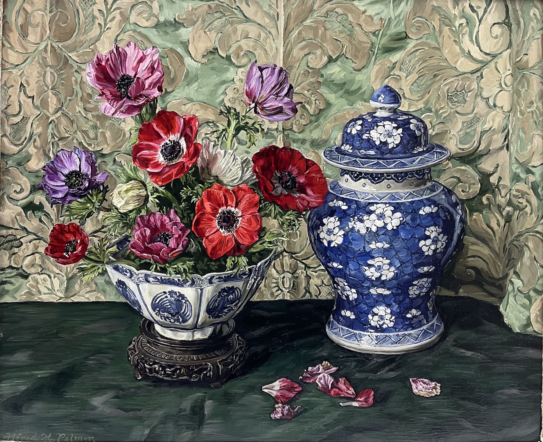 Alfred Hawkins Palmer (British 1905-1984): 'Anemones in a Kangxi Bowl', oil on board signed, titled and signed verso with artist's address 51cm x 61cm