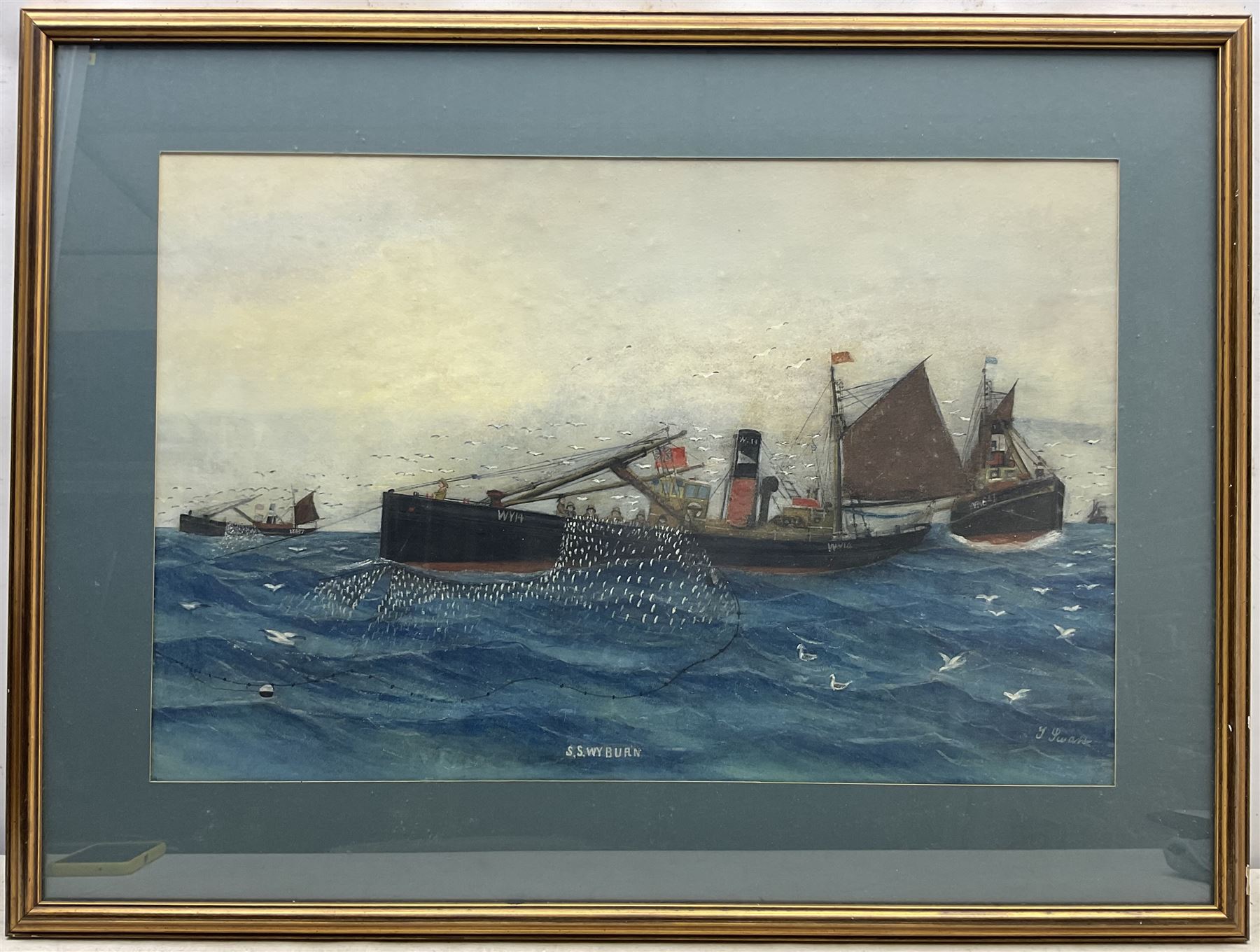 Thompson (Tom) Swan (British 1863-1947): Whitby Drifter WY14 'SS Wyburn' Hauling the Nets, watercolour signed and titled 46cm x 71cm