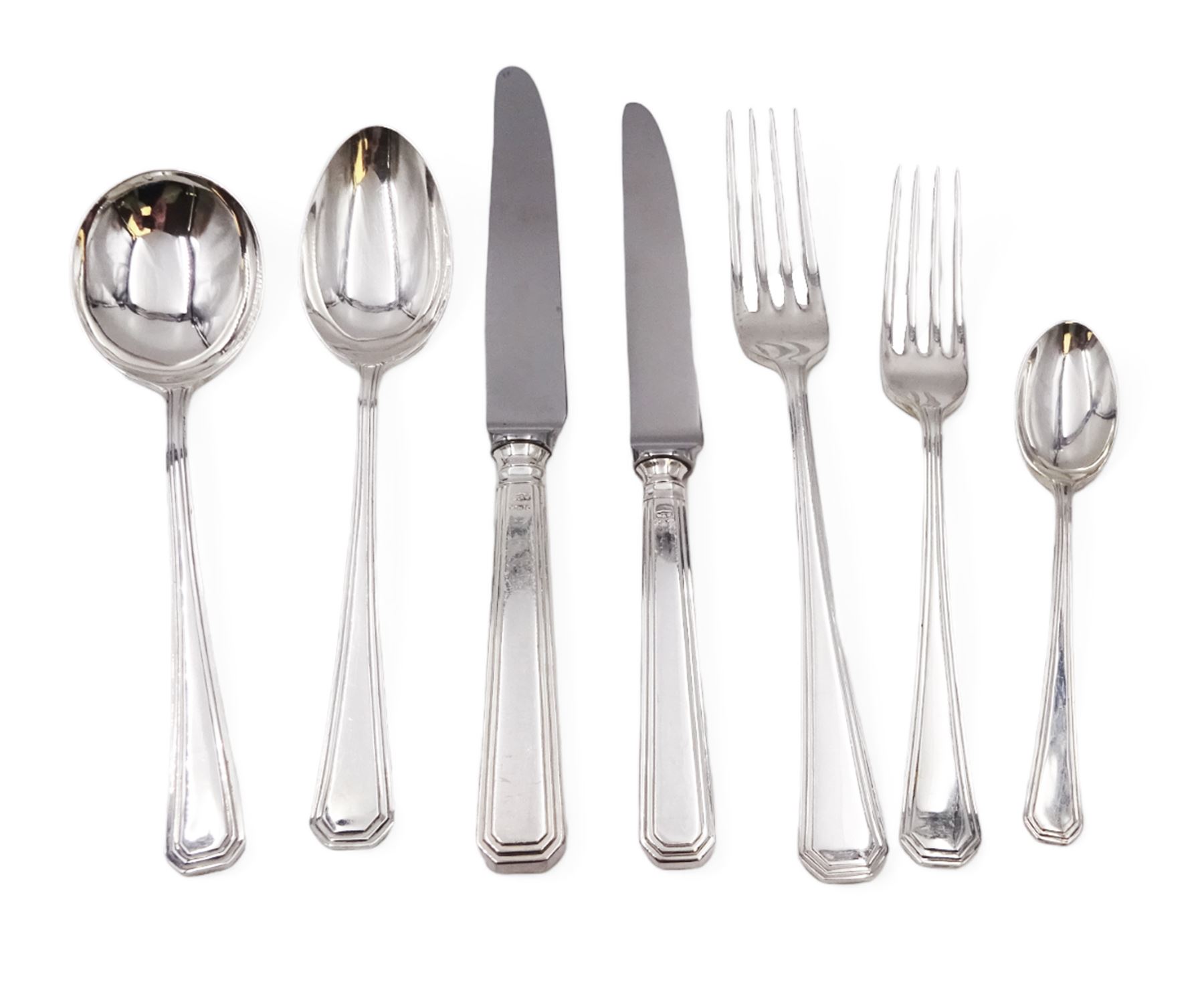 Mappin & Webb Athenian pattern silver cutlery for eight place settings, comprising table forks, silver handled table knives, dessert spoons, dessert forks, silver handled butter knives, soup spoons and teaspoons, hallmarked Mappin & Webb Ltd, Sheffield 1978, contained within anti-tarnish fabric wraps and boxed 