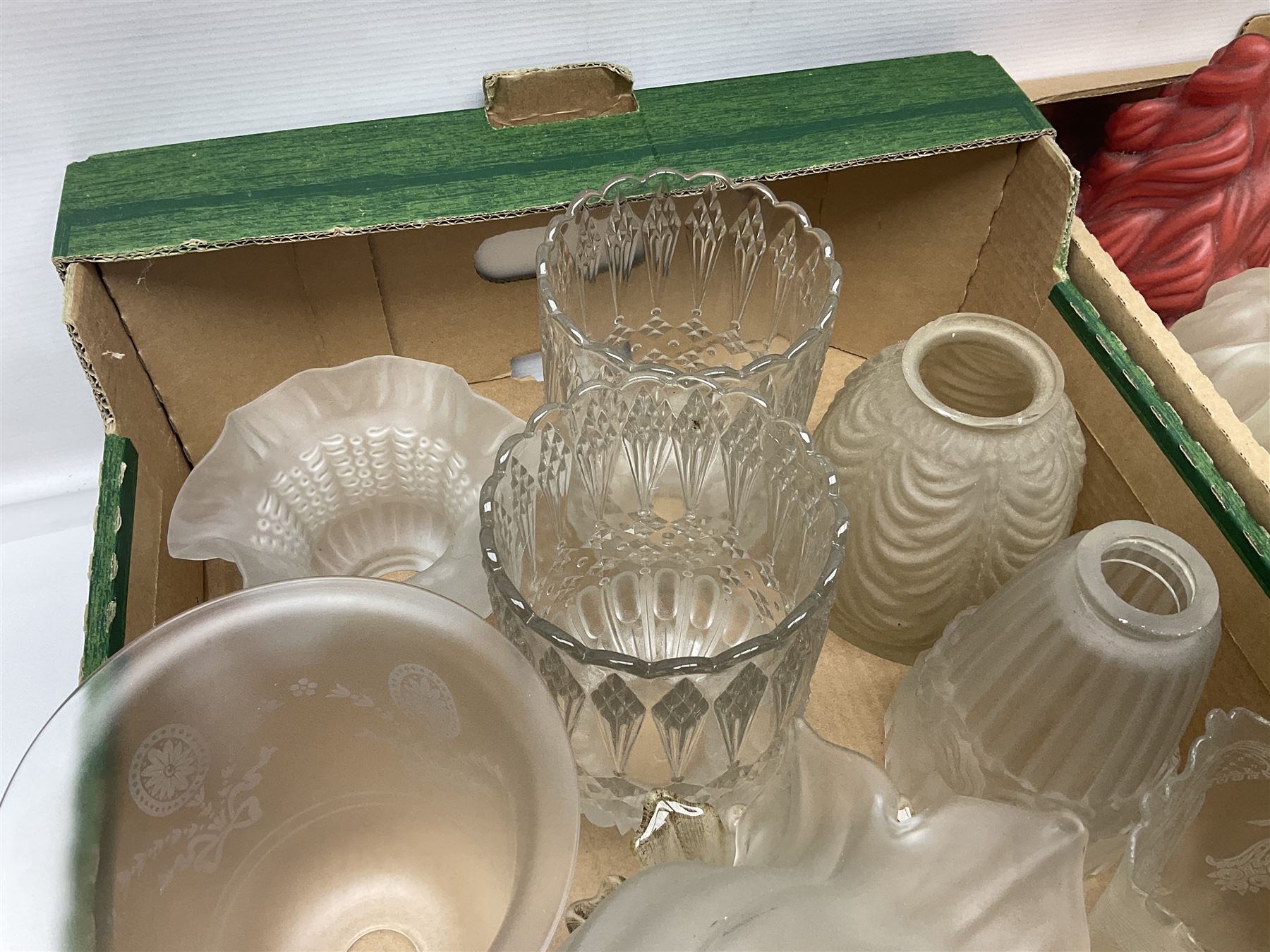 Five frosted glass Flambe lamp shades, together with three similar smaller examples and two coloured examples, and a quantity of other glass lampshades