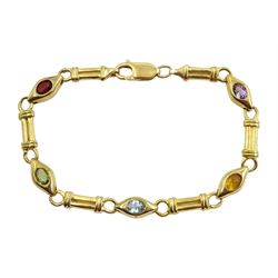 9ct gold multi-gem link bracelet, including amethyst, topaz, peridot, garnet and citrine bracelet, stamped 375