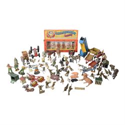 Collection farm animals, figures, soldiers, and diecast farming vehicles, including Britai...