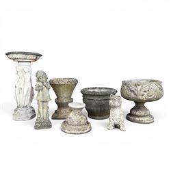 Collection of decorative cast stone garden pieces, comprising three graces bird bath, thre...