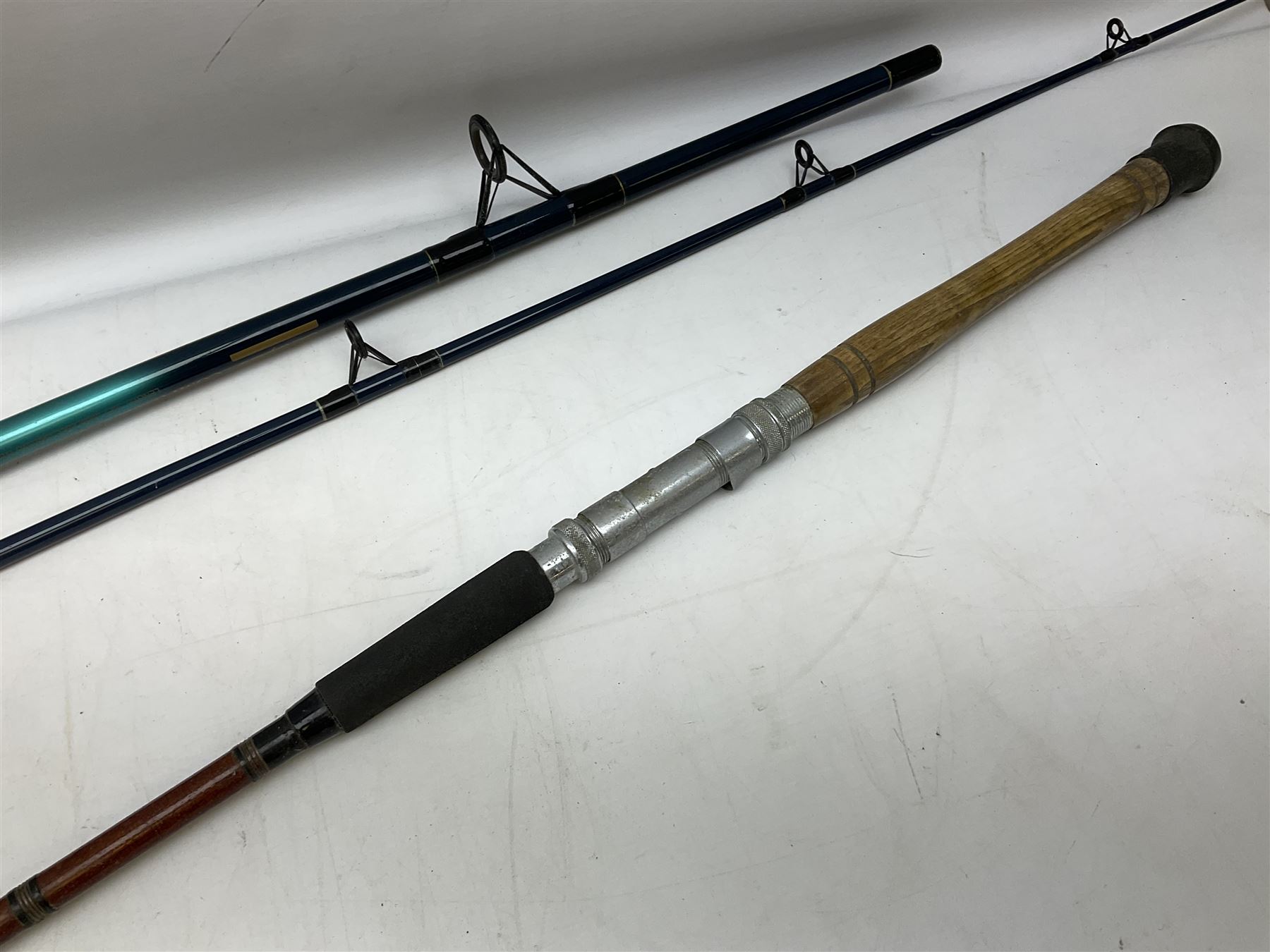 Shakespeare 'Composite Beachcaster 1332-300' 10ft two piece rod with Shakespeare alpha reel, Elastiglas two piece fly rod, Ryobi Masterline carbon fibre 'Pioneer PIF 85 Fly 8' 6
