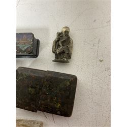 Two 19th century glass tear catcher lachrymatory bottles, together with a Japanese lacquered box and two similar, a trinket box with ceramic cover and a small pewter figure of Confucius