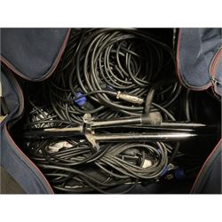 Peavey XR-696F 1200W Amplifier, serial no.K0241228, L47cm; with two Peavey UL bass bins L56cm and two Peavey top speakers L45cm with connecting rods; all with covers; and quantity of heavy duty cables, two microphone cables and microphone stand