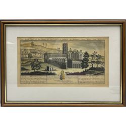By and after Samuel Buck (British 1696-1779): 'The North View of Whitby Abbey in the North Riding of Yorkshire' and 'The South View of the Ruins of Fountains Abbey in Skeldale' and 'The North East Prospect of the Ruins of Bolton Abbey in the West Riding of Yorkshire', three early 18th century engravings, the former two with hand-colouring, together with a 19th century engraving of Bolton Abbey and a watercolour max 39cm x 23cm (5)