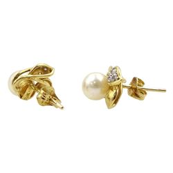 Pair of 18ct gold cultured pearl and diamond chip stud earrings, stamped 18K