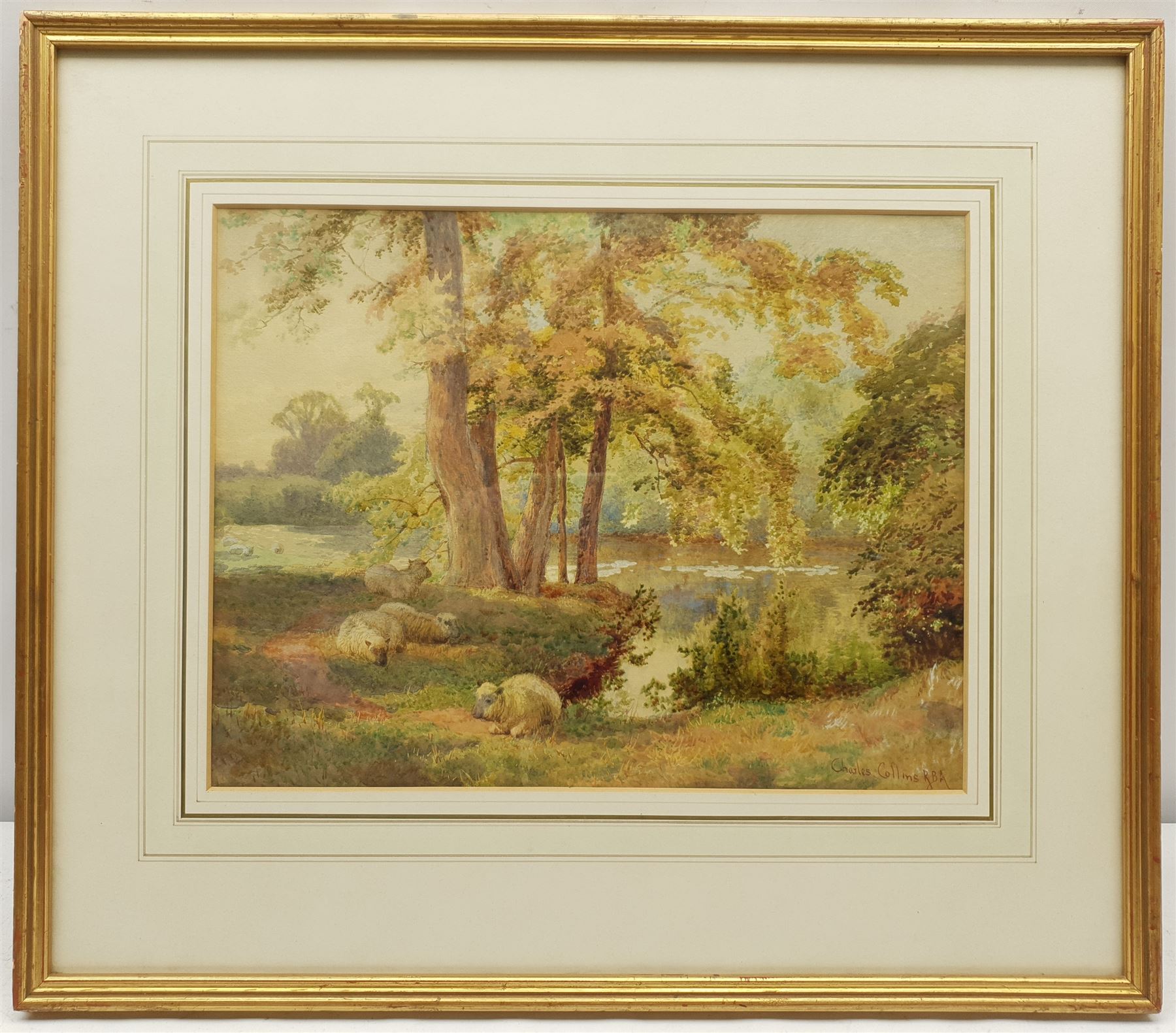 Charles Collins II RBA (British 1851-1921): Sheep Resting in Shade by the Waterside, watercolour signed 26cm x 34cm