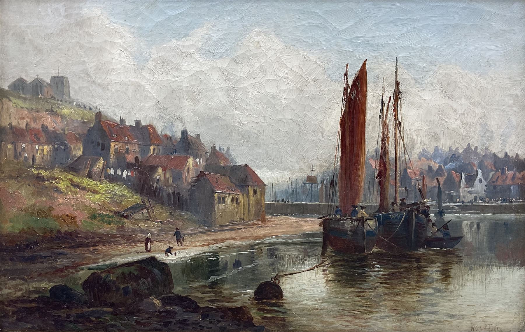 William Gilbert Foster (Staithes Group 1855-1906): Boats Moored at Tate Hill Pier Whitby, oil on canvas signed 29cm x 45cm