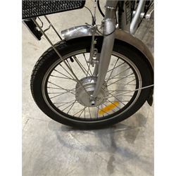 Alpine electric tilt trike - power assisted with throttle (no need to pedal), 15.5mph with 40 mile range, only 37 miles from new, silver finish, removable battery with charger, YoungDo gell seat with cover, £2749 new.
