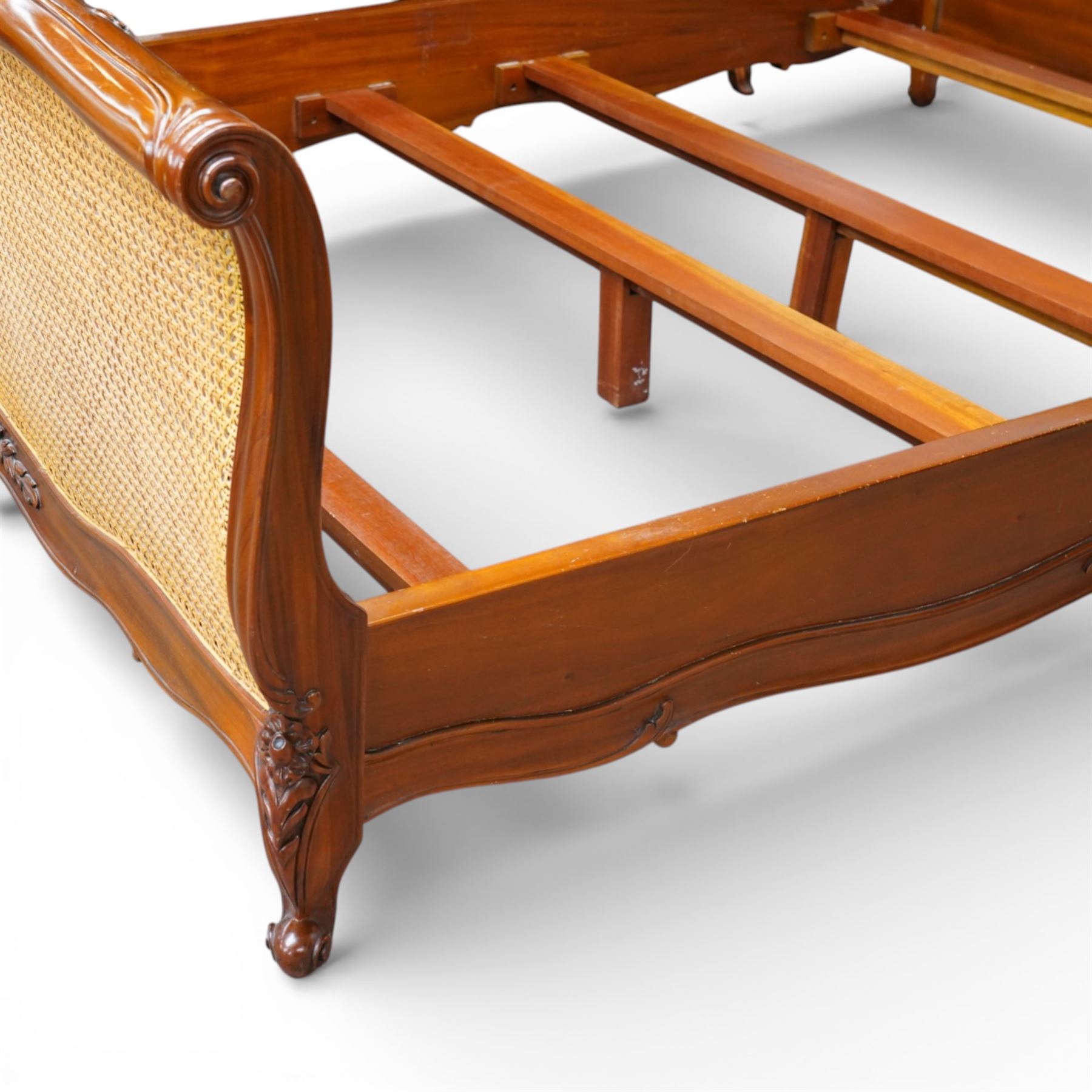 And So To Bed - 5ft king size bed double 'Louis' caned bed with white upholstered sprung base panels, with scrolled headboard and footboard enclosing a double caned panel, on short cabriole supports  