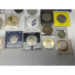 Mostly commemorative and fantasy coinage including commemorative crowns, 2018 'The Capsule Edition featuring the 2018 Paddington 50p coins' in display case, The Royal Mint Solomon Islands 2007 one ounce fine silver five dollars coin on card etc