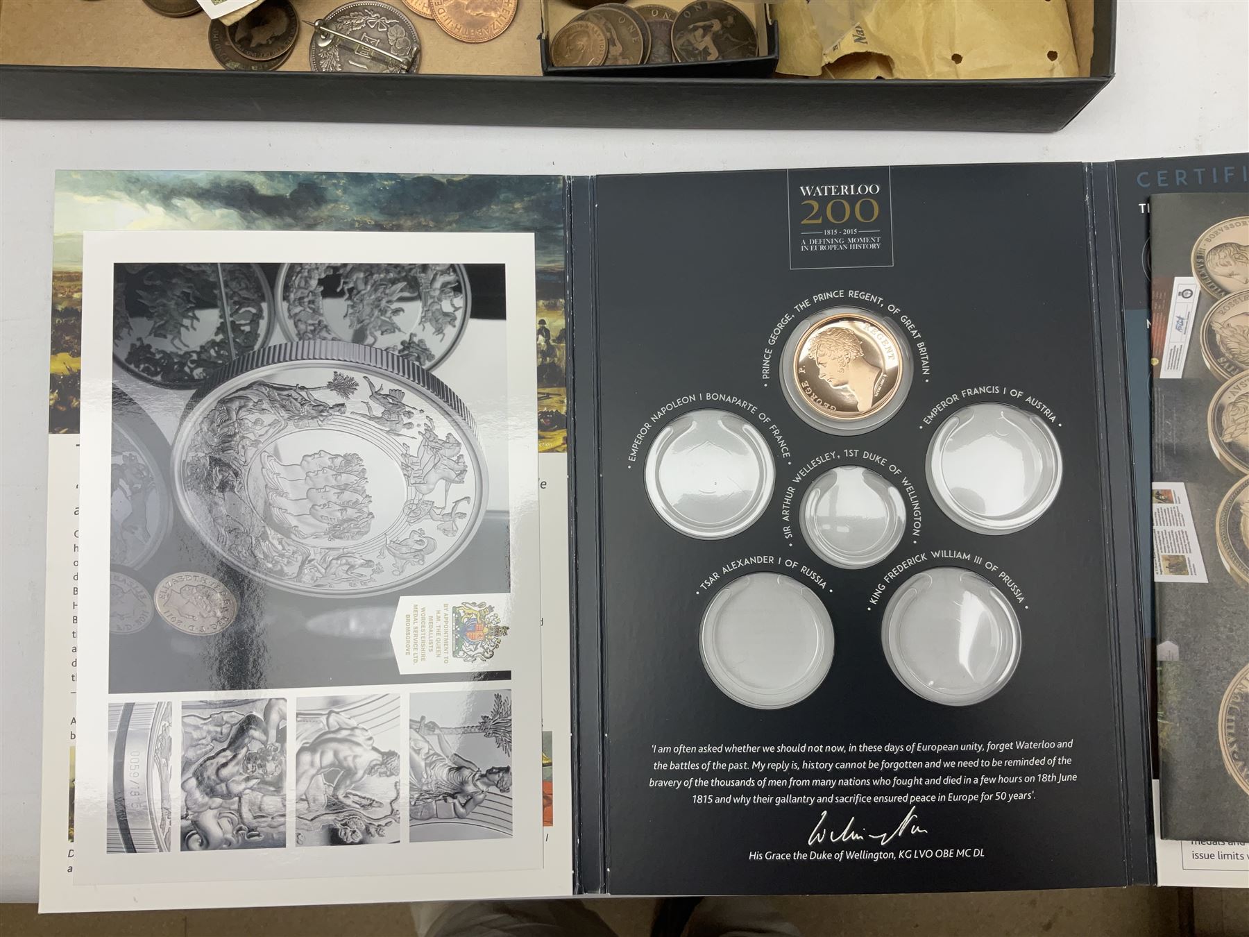 Great British and World coins and banknotes, including pre-decimal coinage, Britain's first decimal coins sets in blue folders, silver one yen coin converted into a brooch, commemorative crowns etc