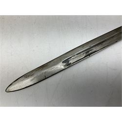 Italian Model 1891 Carcano knife bayonet with 30cm fullered steel blade, the cross-piece stamped VL1110; in steel scabbard with webbing frog L43cm overall; and another Italian fighting knife/bayonet in brass bound leather scabbard (2)