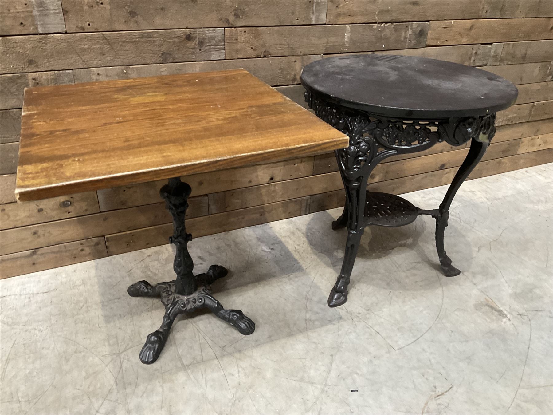 19th century cast iron Coalbrookdale design table with circular top (D66cm, H74cm) and a cast iron pedestal table with square top (W69cm, D70cm, H72cm)