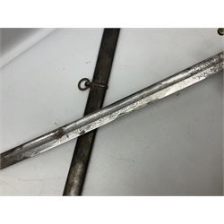 Victorian British Army officer's sword by Hobson & Sons Little Windmill Street London, the 82cm fullered steel blade etched with crowned Victoria cypher and 'HM 1st West York R.V.', lined gilded brass three-bar hilt incorporating Victoria cypher and wire-bound fish skin grip with plaited knot; in steel scabbard with two hanging rings L99cm overall