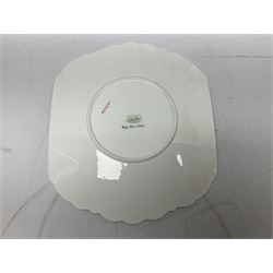 Shelley Dainty pattern tea wares, of lobed form with blue star decoration on merging white and yellow ground, comprising five teacups, five saucers, six tea plates, milk jug and cake plate, all with printed green mark beneath, some with painted pattern no 11770