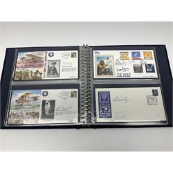 First Day Covers - approx. one hundred flying related and other military FDCs 1970s-2000s, mainly WW2 interest and bearing signatures; British, Channel Islands, Continental, Australia etc; signatures include Vera Lynn, J.H. Lacey, 'Johnnie' Johnson, Barnes Wallis, Bill Reid VC, various other gallantry medal winners, Dam Busters, Battle of Britain, Terence Otway, Leonard Cheshire, Stanford Tuck etc; loose and in a Benham album