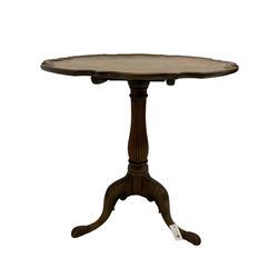 19th century mahogany pedestal table with shaped top, single turned column on three acanthus and shell carved supports, W71cm, H71cm, D71cm