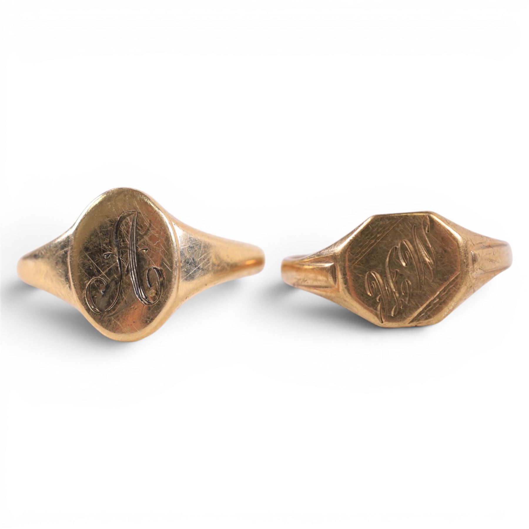 Two 9ct gold signet rings with engraved initials, both hallmarked 