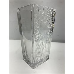 Daum clear crystal glass vase of square sleeve form decorated with stylised sunburst motif, engraved signature to the reverse H25cm