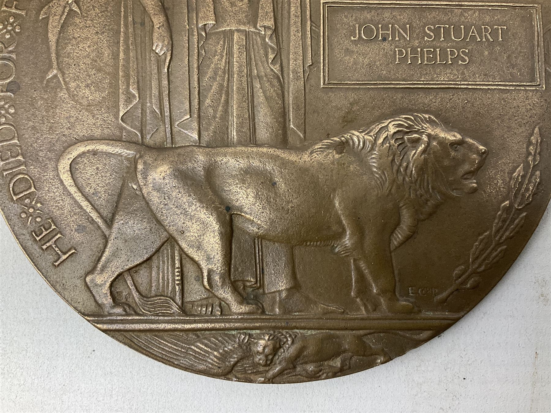 WWI bronze death plaque - John Stuart Phelps
