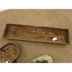  Rectangular stone trough planter with weathered sides (W56cm, H28cm, D35cm) and two cast iron troughs (3)  