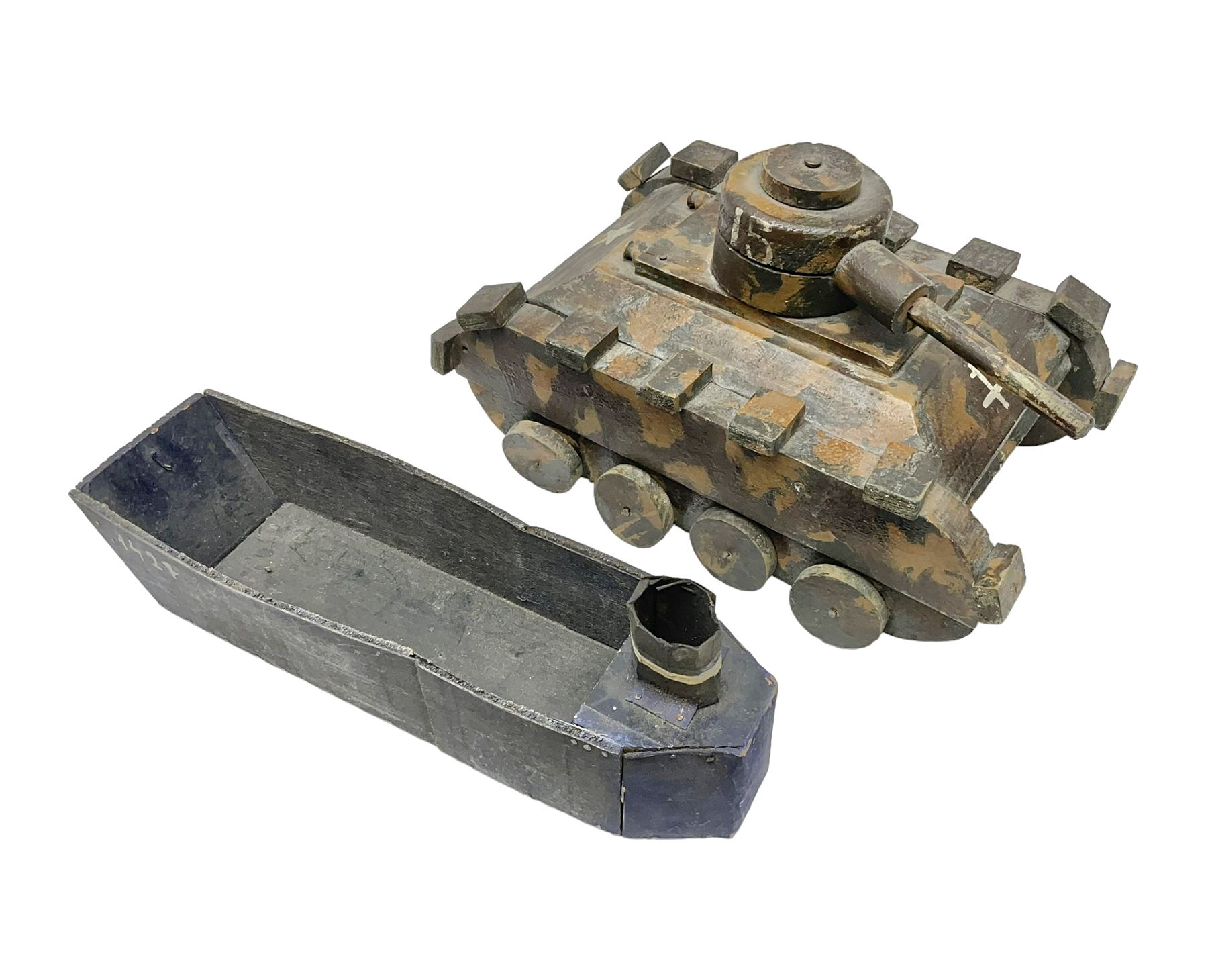 1940s French wooden eight wheel model FFI free tank, painted in brown camouflage, together with a 1940s wooden scratch built model of a landing craft, tank H18cm, W31cm