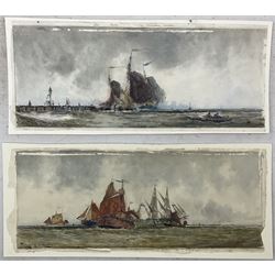Frank Henry Mason (Staithes Group 1875-1965): 'Dutch Pinks (Barges) entering Volendam Harbour' and 'Off the ** Lightship Holland', pair watercolours and bodycolour signed titled and dated '99, 18cm x 44cm (2) (unframed)