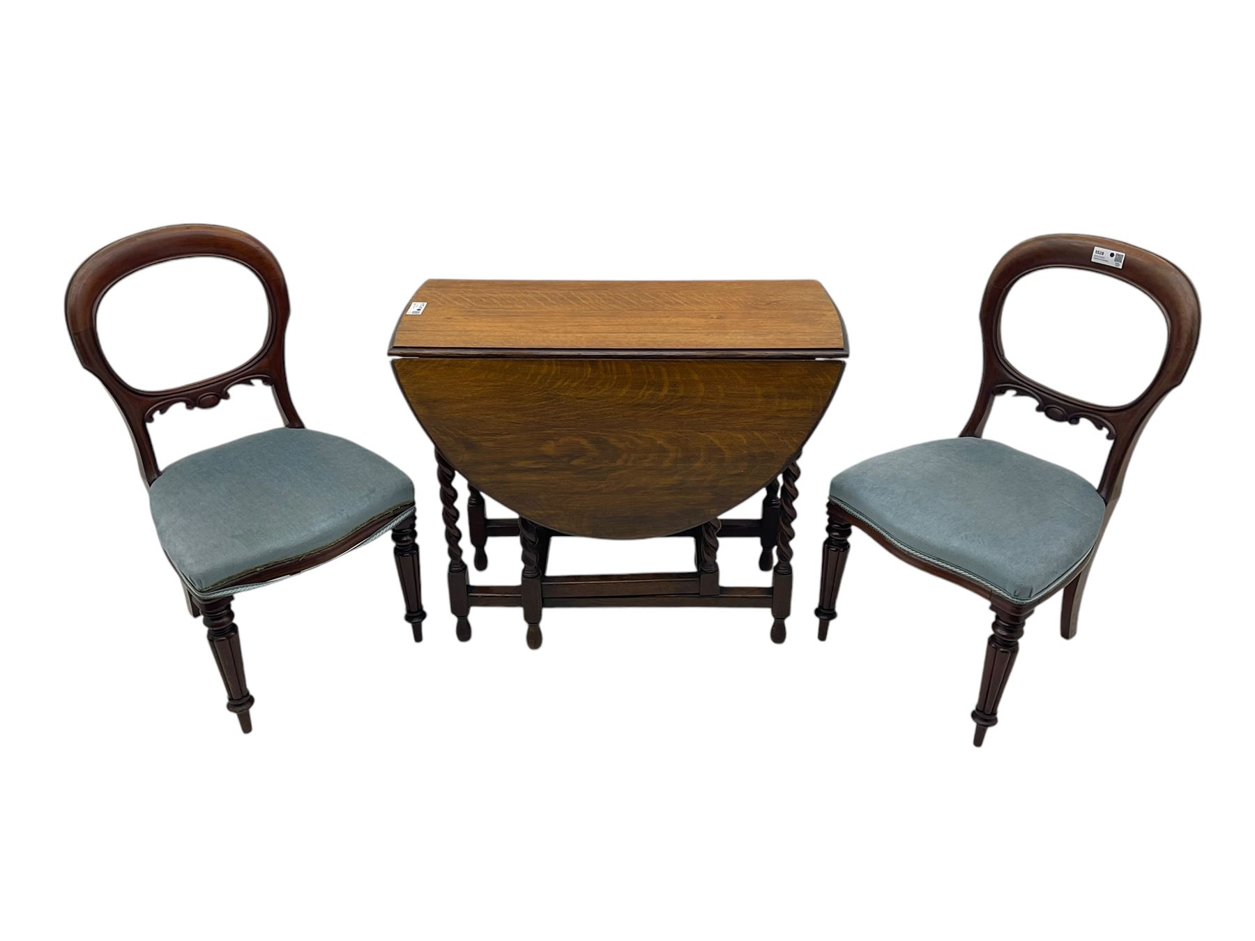 Pair of Victorian mahogany balloon back dining chairs (W49cm); 20th century oak drop-leaf dining table (W92cm); three small children's chairs (6)
