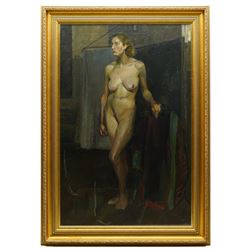 George Hodgkinson (British 1914-1997): Study of a Standing Female Voluptuous Nude, oil on canvas signed verso 75cm x 48cm