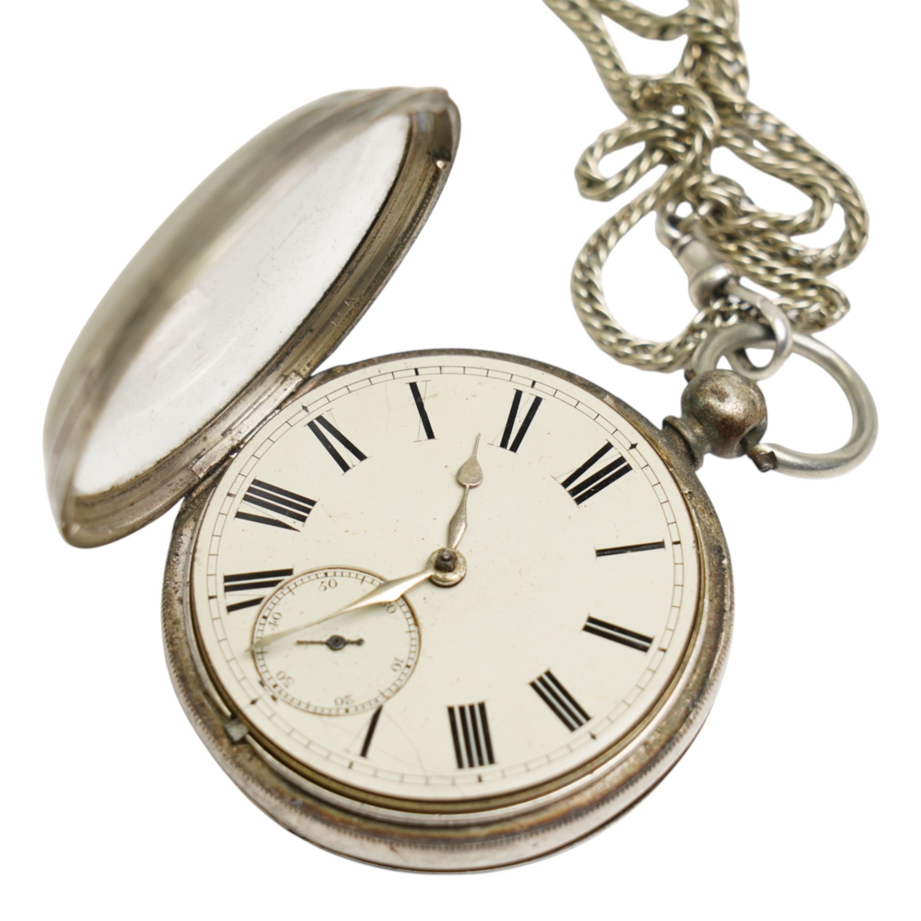 Victorian silver cased fusee lever pocket watch, case hallmarked London 1865, on nickle chain, with silver vesta case, hallmarked