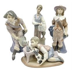 Four Lladro figures, comprising Musketeers Aramis no 6199 and Athos no 6121, together with Hanukkah Light no 6027 and Hebrew Scholar no 6029, all with original box, largest example H24cm 