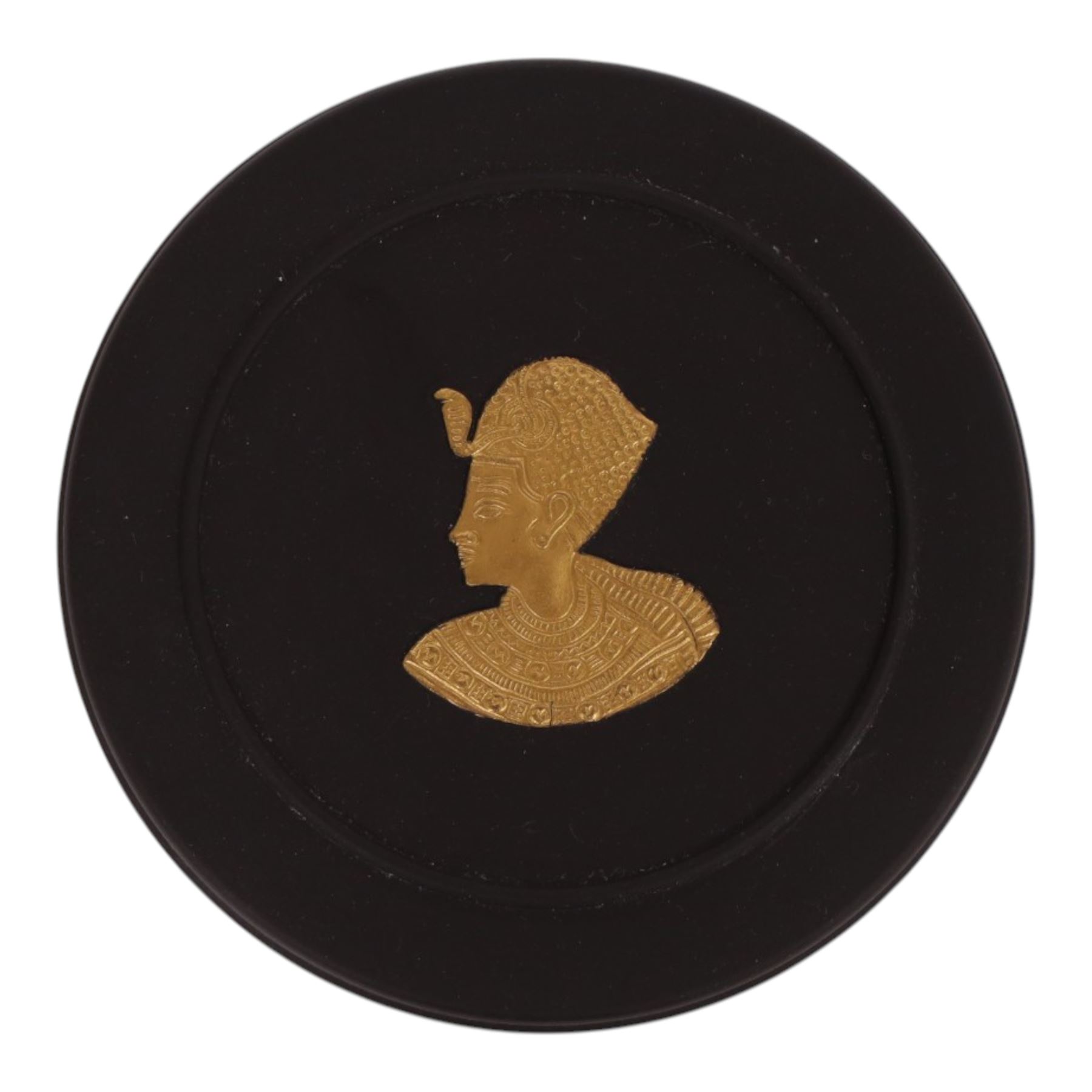Wedgwood black basalt Egyptian collection, circa 1978 trinket box with Tutankhamun to the lid, with impressed marks beneath, H4cm, D11cm  