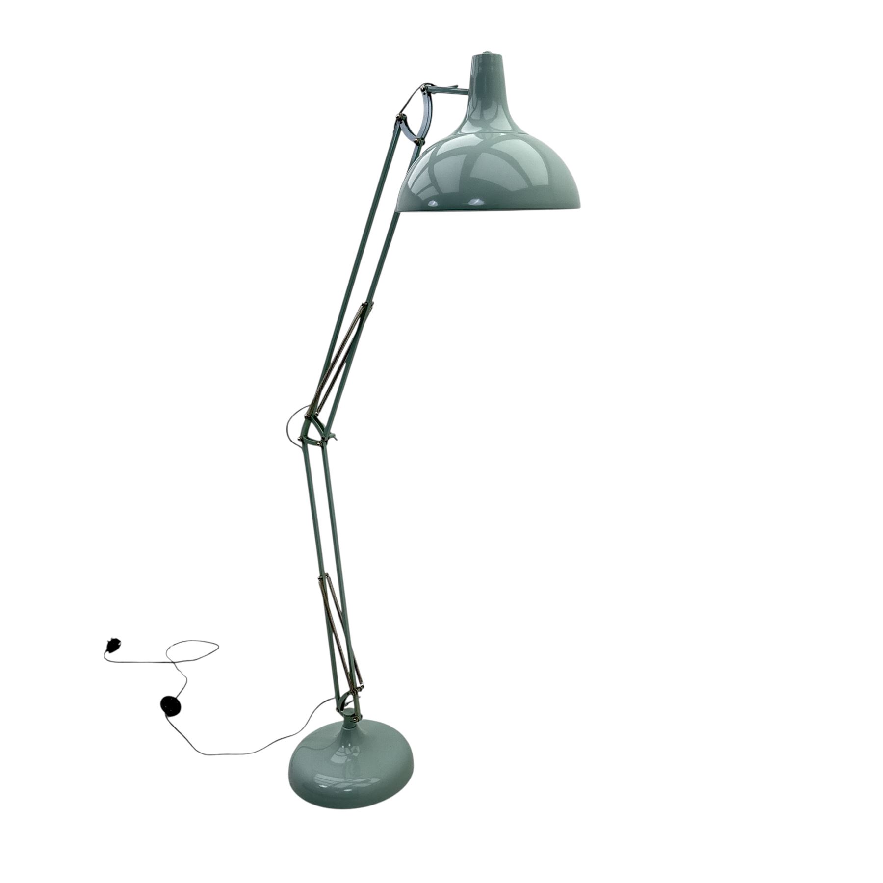 Contemporary Anglepoise-style industrial floor lamp, pale blue painted domed metal shade on adjustable double arm with tension springs, set on a weighted circular base