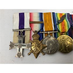 WW1/WW2 Military Cross group of eight medals comprising M.C., 1914 Star with 5th Aug.-22nd Nov.1914 clasp, British War Medal and Victory Medal with MID oak leaves awarded to Lieut. (later Lieut./Col) F.C. Davidson R.A.M.C., 1939-1945 Star, Africa Star with 1st Army clasp, 1939-1945 War Medal and Defence Medal; with single page copy of research material