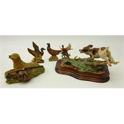  Border Fine Arts limited edition model 'English Springer Spaniel and Pheasant' by Ray Ayres on plinth, L22cm and 'Labrador & Gun' by Anne Wall and two painted stand up bird figures (4)  